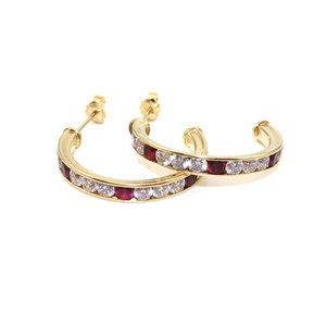 10K Yellow Gold Pink Ruby Clear CZ Hoop Earrings